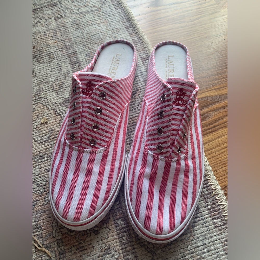 Lauren Ralph Lauren Red White Striped Flats Loafers Slip On Shoes Women Size 8